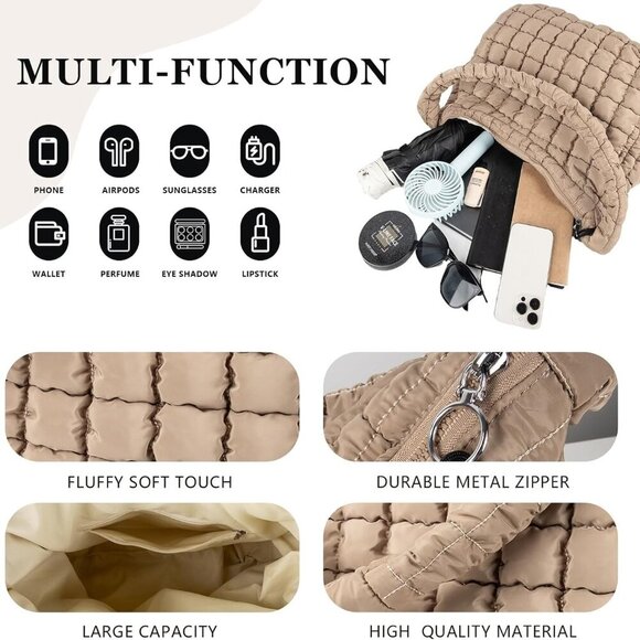 Nylon Quilted Puffer Tote Bag Large Capacity Crossbody Travel Purse - Picture 3 of 7